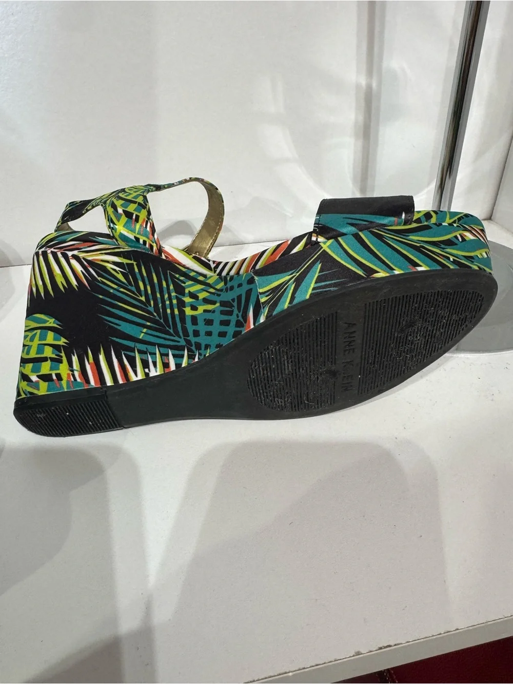 Anne Klein Tropical Leaf Print Ankle-Strap Sandals in Green and Black
